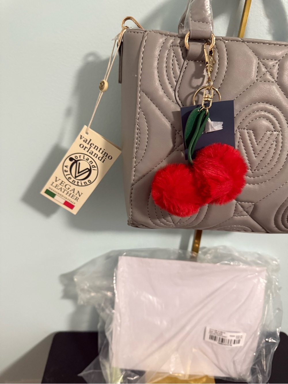 Valentino Orlandi light grey Quilted Satchel with FREE Red Pom Cherry Charm! NWT - Picture 4 of 11